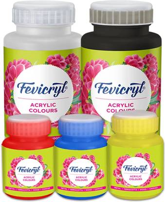 Fevicryl Acrylic Black & White 500ml Colours with 3 Primary Colours 100ml each