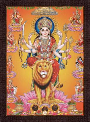 craftery Durga Maa | Vaishno Devi | Nav Durga On Lion With 9 Roop Digital Reprint 14 inch x 10 inch Painting