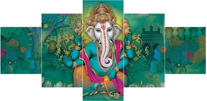 GWcraft GW Craft Set of Five Framed Lord Ganesh Ji 3D Wall Painting (17*30 Inch) NNG2 Digital Reprint 17 inch x 30 inch Painting