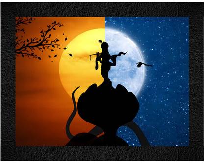 Bellebon Arts Mystical Silhouette of Krishna Under Day and Night Sky Digital Reprint 14 inch x 11 inch Painting
