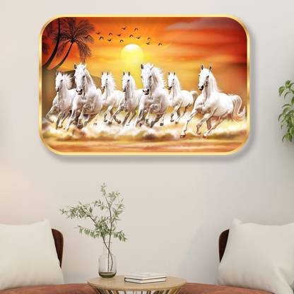 saf 7 Running Horses Sparkle Glossy Round Golden Framed Large Painting Digital Reprint 18 inch x 14 inch Painting
