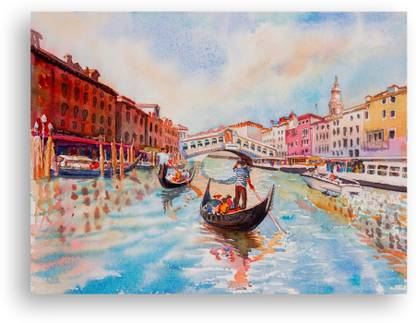 MUET Venice Canal With Tourist Gondola Art Print-Canvas material-(Pack of-1) Ink 18 inch x 12 inch Painting