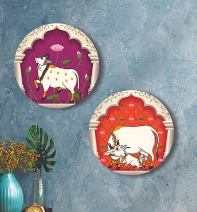 saf Round Shape Pichwai Cow Art MDF Painting for Living Room 12X12 inch LRB18-L2 Digital Reprint 12 inch x 12 inch Painting