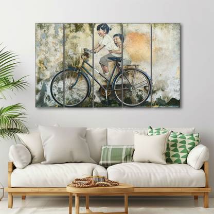 TheCastleDecor Beautiful Modern art riding bicycle Set of 5 Big Size Multiple Frames Natural Colors 48 inch x 28 inch Painting
