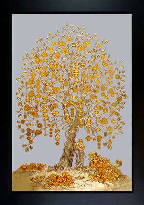 CrowdHall Golden Money Tree Photo Frame | Golden Money Tree Painting Digital Reprint 13.5 inch x 10 inch Painting