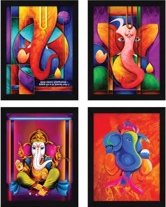 ArtX Traditional God Ganesh Ji / Ganesha Modern Set Of 4 Wall Art Painting For Home Ink 13 inch x 10 inch Painting