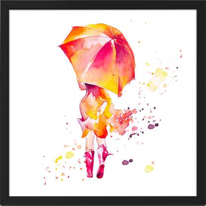 Ritwika's Rain Girl Umbrella Watercolor Reprint Frame Painting Digital Reprint 13.5 inch x 13.5 inch Painting