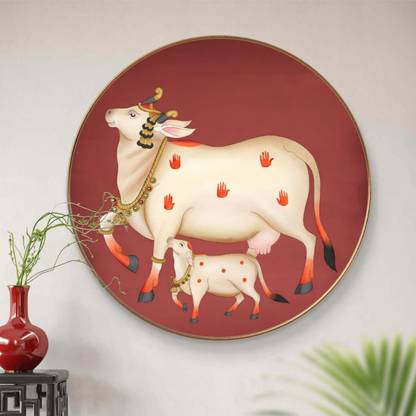 saf Large Round Pichwai Cow Wall Painting with golden frame Vinyl Sparkle laminated Digital Reprint 16 inch x 16 inch Painting
