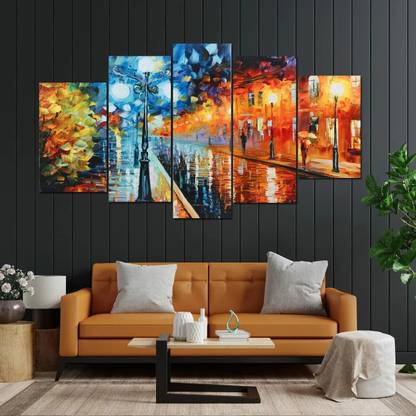 Art RJ14 Nature Rain View Painting Set of Five Framed Painting for Wall Decoration Digital Reprint 17 inch x 30 inch Painting