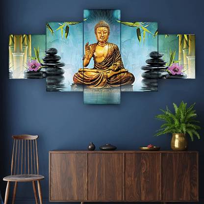 moti Gautam Buddha 3D Wall Painting Big Size Light Blue Colour Acrylic 24 inch x 50 inch Painting