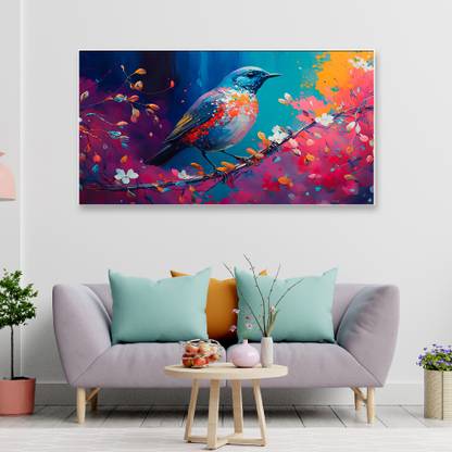 Dekorstation Colorful Blue Bird on the Branch Multicolor Floating Frame Canvas Wall Painting Canvas 24 inch x 48 inch Painting