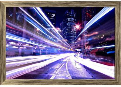 Artzfolio Modern City At Night Framed Wall Art Painting Print Canvas 12 inch x 17 inch Painting