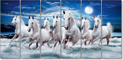 TheCastleDecor 7 horse running vastu painting frame Set of 6 Big Size For livingroom,bedroom Natural Colors 36 inch x 72 inch Painting