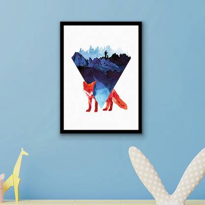 Painting Mantra Red Fox With Mountain Abstract Framed Art Print For Kids Room Decor Digital Reprint 17 inch x 12.9 inch Painting