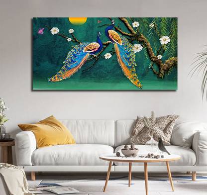 Aadee craft Beautiful Pair of Peacock on tree Wall Painting For Living Room Drawing Room Canvas 48 inch x 24 inch Painting