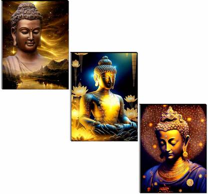 RAC Set of 3 Buddha 12X27 Inch MDF Wall Art Painting Digital Reprint 12 inch x 27 inch Painting