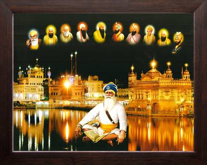 Artcoin Baba Deep Singh ji with All Ten Sikh Gurus and Golden Temple in Amritsar Frame. Digital Reprint 9 inch x 7 inch Painting
