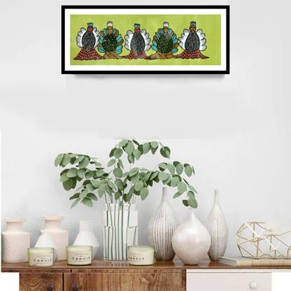 Artdarshan Gond Art Handmade Painting of Owls for Home Wall Art Decor Canvas 11 inch x 25 inch Painting