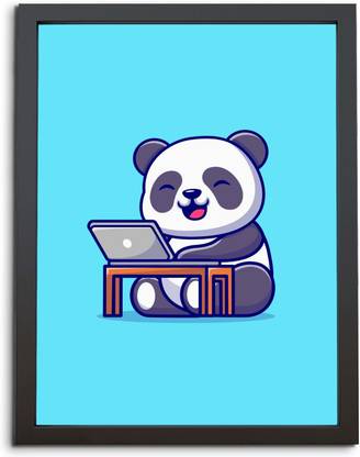 TheKarkhana Cartoon Cute Cheerful Techie Panda Laminated (Without Glass) Digital Reprint 12 inch x 8 inch Painting