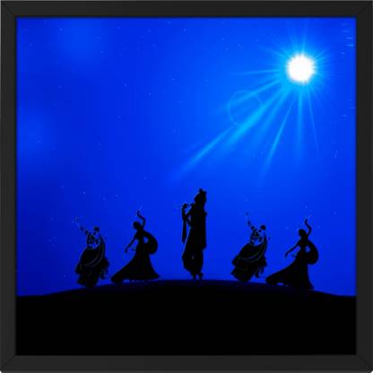 Ritwika's Modern Art of Krishna Playing Flute Night Moon Painting with Frame Digital Reprint 13.5 inch x 13.5 inch Painting