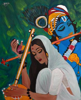 Totoo creation Meera Krishna painting Glass Print 12 inch x 8 inch Painting