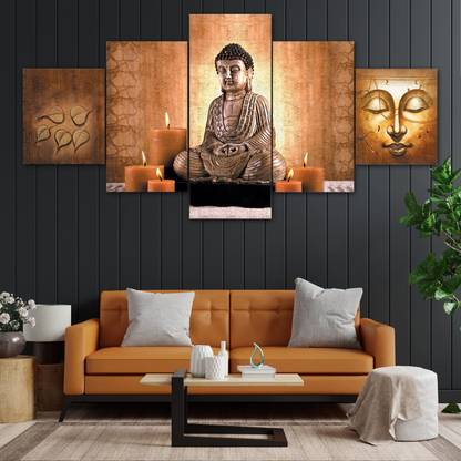 Art RJ14 Gautam Buddha painting Set of Five Framed Painting for Wall Decoration Digital Reprint 17 inch x 30 inch Painting