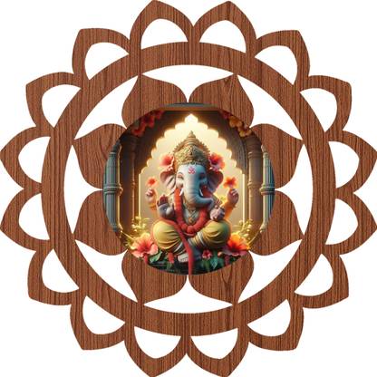RBCA Creative Art CNC cut flower shape 2d art & ganesha sparkle print Digital Reprint 11 inch x 11 inch Painting