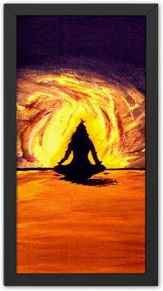 Ritwika's Meditating Lord Shiva On Mountain Modern Wall Art Religious Framed Poster Digital Reprint 13.5 inch x 7.5 inch Painting