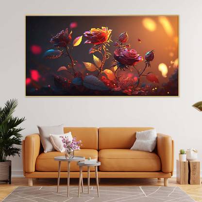 Dekorstation Abstract Red Roses Flower Art Floating Frame Canvas Painting Wall Décor Canvas 18 inch x 36 inch Painting