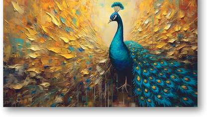 WallChitra peacock painting for wall decoration big size | vastu painting for living room Canvas 37 inch x 20 inch Painting