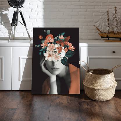 Painting Mantra Stretched On Frame Painting Flowers & Butterfly Woomen Abstract Art Canvas 22 inch x 16 inch Painting