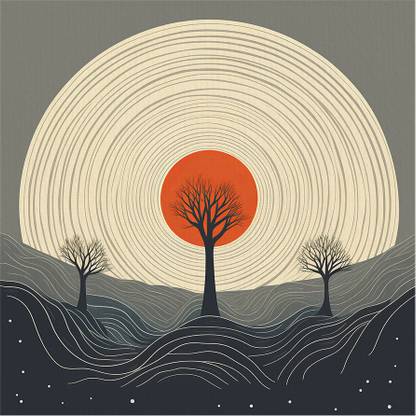 Wallfe Fantasy Sun & Tree Pine Wood Square Shape Dark Green & Orange Wall Art Paintings Canvas 20 inch x 20 inch Painting