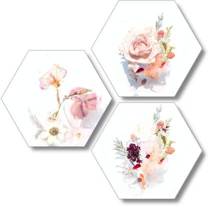 ARTUP Small Watercolor Flower Branch Hexagon MDF Wall Decor For Living Room Digital Reprint 17 inch x 17 inch Painting