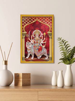 999Store Sherawali Mata Photo Painting With Photo Frame For Mandir Digital Reprint 8 inch x 11 inch Painting