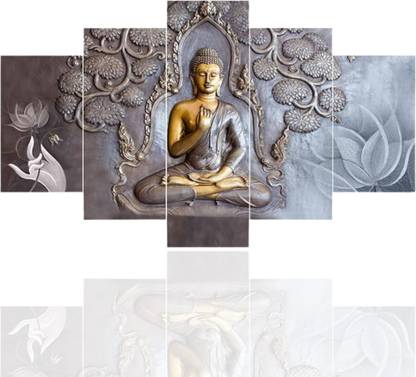 Masstone Golden Buddha Religious 5 Panel MDF Painting Digital Reprint 17 inch x 30 inch Painting