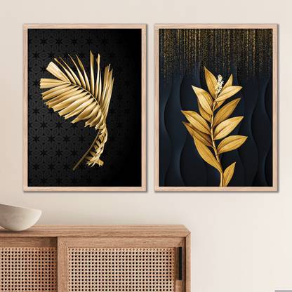 Rainbow Arts Golden Leaf Art Framed Paintings for Wall Decor - Abstract Art Frame for Home Digital Reprint 14 inch x 11 inch Painting
