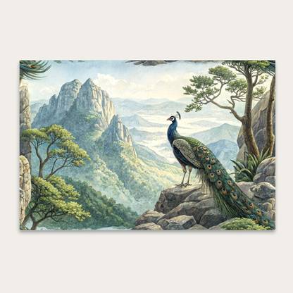 Decormatic Peacock Painting – Vibrant Peacock Perched On Rock With Trees And Mountain Digital Reprint 12 inch x 18 inch Painting