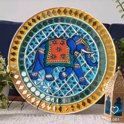 Chitra Artworks Handmade Elephant Mud Mirror |Handcrafted mirror frame|Lippan art|Home decor Acrylic 12 inch x 12 inch Painting
