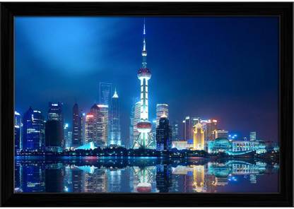 Artzfolio Night Shanghai Skyline With Reflection, China Painting Black Frame 17.5x12inch Canvas 12 inch x 17.5 inch Painting