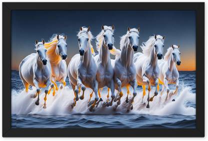 Ritwika's Seven Horse Running In The Blue Sea Vastu Symbol Religious Framed Poster Digital Reprint 9.5 inch x 13.5 inch Painting