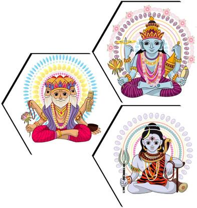 VGALLERY Brahma, Vishnu, Mahesh Wall Paintings For Home Decor Living Room Wall Decoration Digital Reprint 17 inch x 17 inch Painting