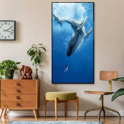 Painting Mantra Abstract Blue Whale with Girl Large Panel Wall Art Print, Modern Framed Canvas 47 inch x 23 inch Painting