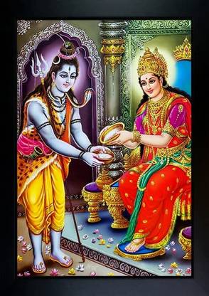 lvy Maa Annapurna Devi With Mahadev Photo Frame Wall Painting For Home Decoration Digital Reprint 7 inch x 5 inch Painting