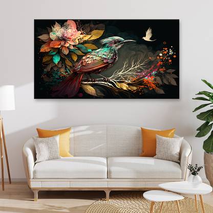 Dekorstation Colorful Bird with Flower Branch Framed Canvas Painting for Wall Decor Art Print Canvas 24 inch x 36 inch Painting