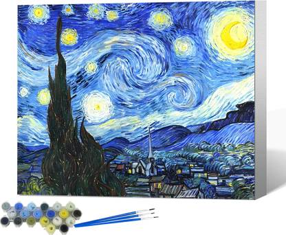 Verilux Paint by Number Starry Night Pre-Framed Canvas DIY Art Kit for Beginners 16x20 NA 7 inch x 5 inch Painting