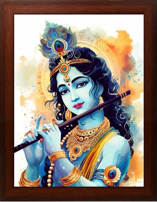 KRISHNA Krishna Painting With Brown Frame (10 Inches X 13.5 Inches) Digital Reprint 13.5 inch x 10 inch Painting