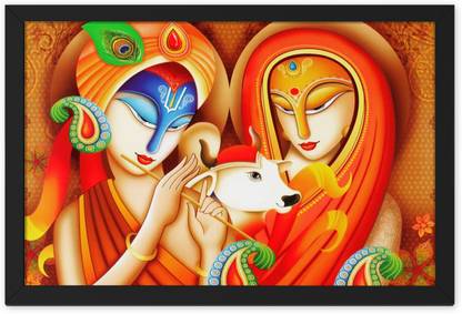 Ritwika's Radha Krishna with Cow Modern Art Multicolor Framed Digital Reprint 9.5 inch x 13.5 inch Painting