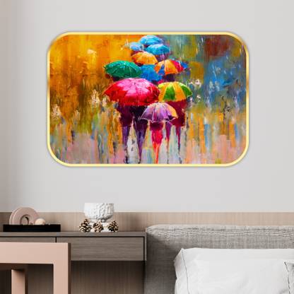 saf Artistic Modern Art Sparkle Glossy Round Golden Framed Large Painting Digital Reprint 20 inch x 14 inch Painting