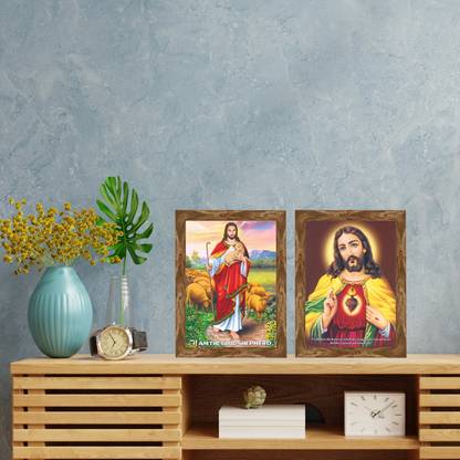 Indianara Combo (Set of 2) Jesus Christ Framed wall Painting with Table Top 5052CTT(WNT) Digital Reprint 8 inch x 6 inch Painting