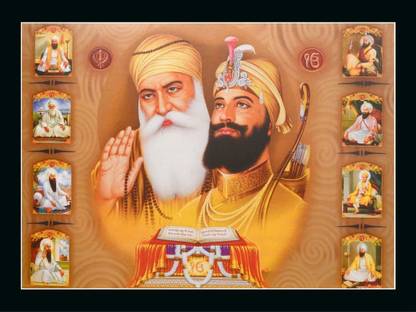 Morvi Guru Nanak Dev Ji Religious Synthetic Framed Painting (With Black Frame) Canvas 11 inch x 14 inch Painting